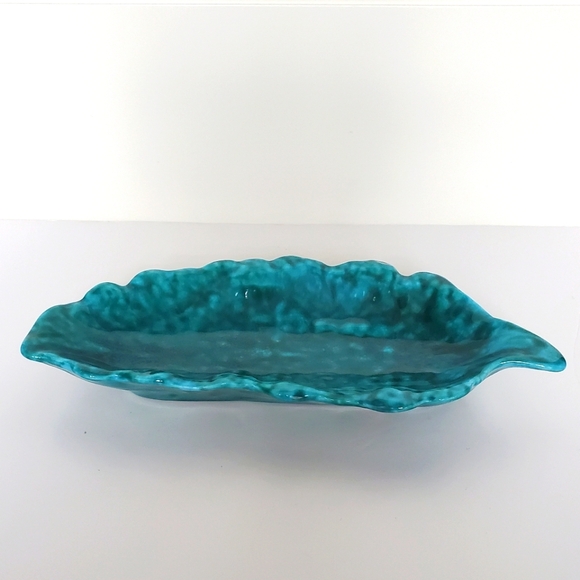 MLP Pottery Trinket Dish Teal Black Glossy Glazed Handmade Long Leafy Design - Picture 2 of 9